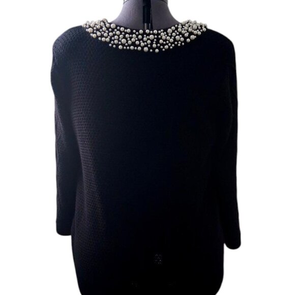 KARL LAGERFELD PARIS Black W/Pearl Embellished Neck Cable Knit Sweater Sz XL/16 - Picture 5 of 11
